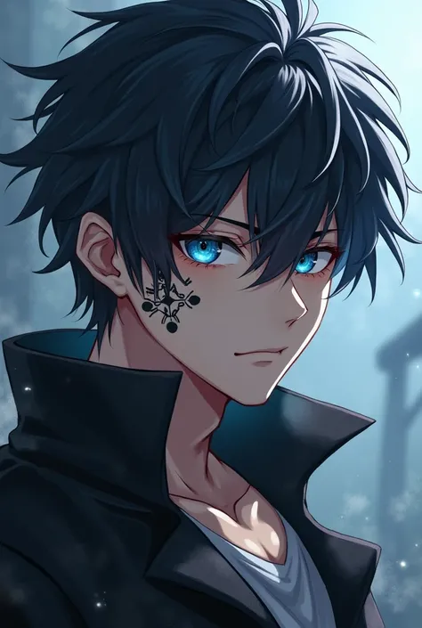 Realistic character,  black hair ,  blue eyes , Maculino,  of 20 years old, In a fantasy Isekai,  with traits of masculinity and Sukuna marks from Jujutsu Kaisen, Create it aestetic , 