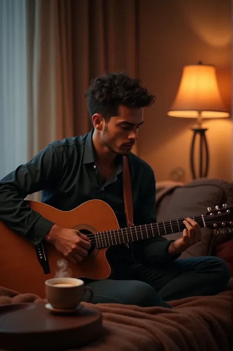 Heres the image of a man playing guitar in his cozy, softly-lit room, with a romantic ambiance and a coffee cup by his side. Let me know if youd like any changes or another style!

