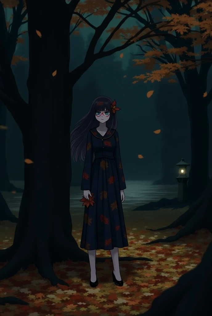 1girl, against_tree, aki_shizuha, anger_vein, autumn, autumn_leaves, bangs, bare_tree, blue_eyes, blunt_bangs, branch, night, dress, falling_leaves, forest, ginkgo_leaf, holding_leaf, lake, leaf, leaf_background, leaf_hair_ornament, leaf_on_head, leaf_prin...