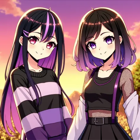 To anime characters, both female, one with long flowing hair with stripes of purple and the other short hair which fades to purple, lying on a bed.