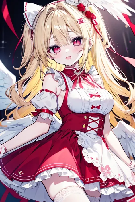  1 girl、 mature、Ample breasts、Long Hair、 long lashes、Curly Hair、Yellow Hair、Blonde、 Red Eyes、ribbonのカチューシャ、Beauty、Idol、smile、 cute、 Open Your Mouth and Laugh、pale pink and light blue costume、 white skin、White Wings、Frills、ribbon、Lace-up、 lace fabric、Minisk...