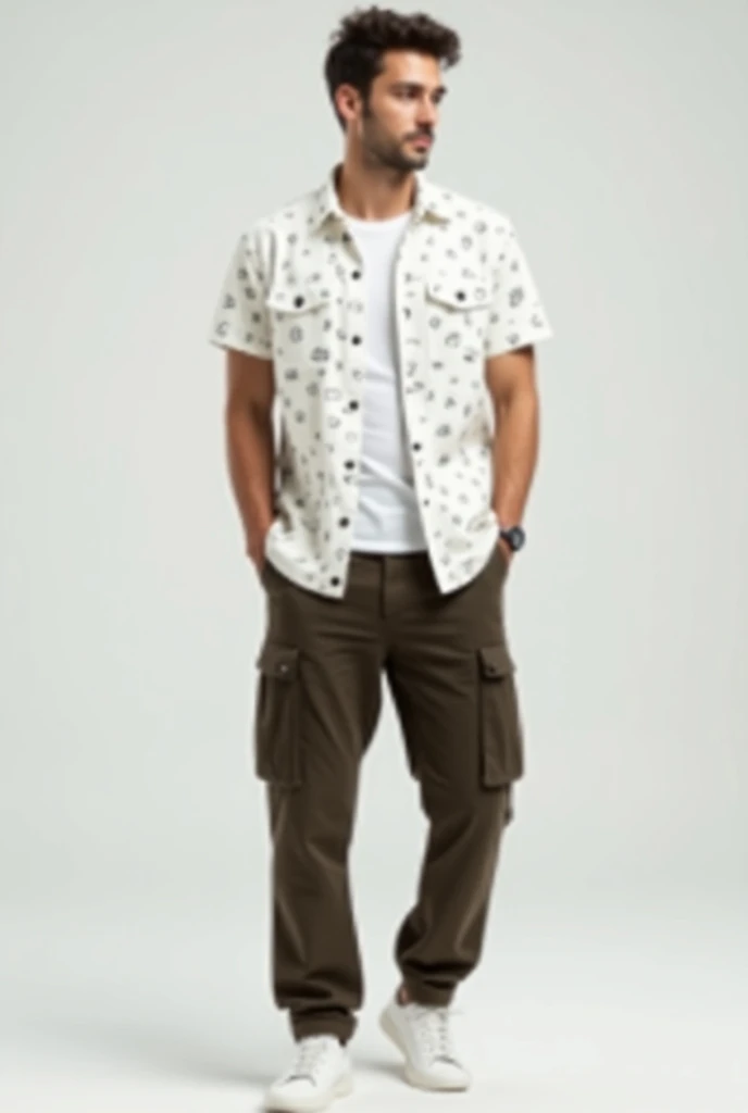 A man in white printed shirt layering with white t shirt and dark brown Cargo pants with white sneakers 