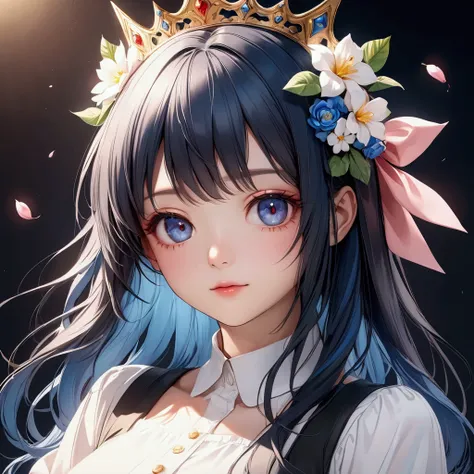  long dark haired anime girl wearing a white shirt and a crown of flowers,  Beautiful Anime Portraits ,  portrait of an amazingly beautiful anime face with blue hair,  Beautiful Anime Girl ,  cute realistic portrait,  detailed portrait of an anime girl,  a...