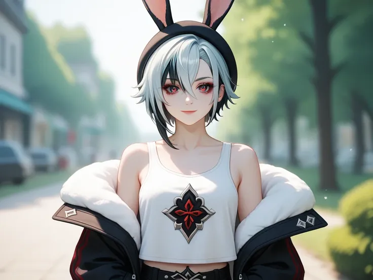 1girl, Arlecchino  (genshin impact), Masterpiece, Portrait photograph of a beautiful slender young Asian woman, radiantly beautiful, wearing a rabbit-inspired hoodie hat. The hood is large and soft, crafted with plush pink fabric, mimicking a rabbits disti...