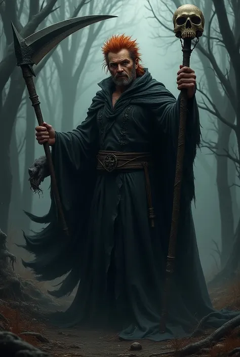 mid 40 year old, male, messy red hair, no beard, Black cloak, holding a one handed scythe, Scythe has a skull on top, skull on top of Scythe holding a cane with an eyeball orb, traveling clothes, dark woods in winter, casting spell, serious look on face, b...