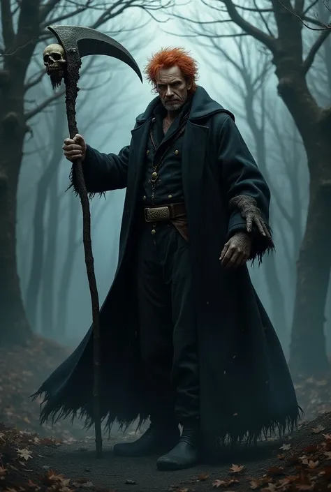 mid 40 year old, male, messy red hair, no beard, Black cloak, holding a one handed scythe, Scythe has a skull on top, skull on top of Scythe holding a cane with an eyeball orb, traveling clothes, dark woods in winter, casting spell, serious look on face, b...