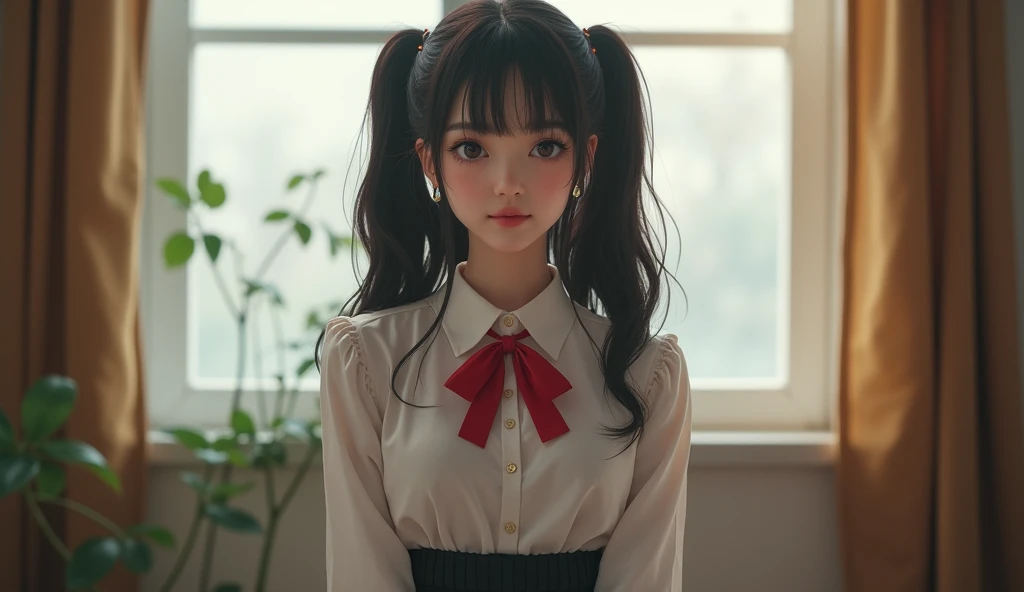 HD， an 18-year-old young girl with double ponytails，Looks like movie star Yui Aragaki ，Big breasts， wearing a white shirt ，Red bowtie， black pleated skirt ， in the background in front of a window in an evening home