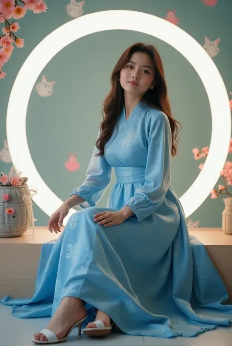 wearing a long-sleeved  blue brukat dress korea casual wearing high-heeled sandals typical of women sitting leaning against the wall with a background style, there is a large glass circle with 2 ringlights, with stickers of the flower and cats. The light b...