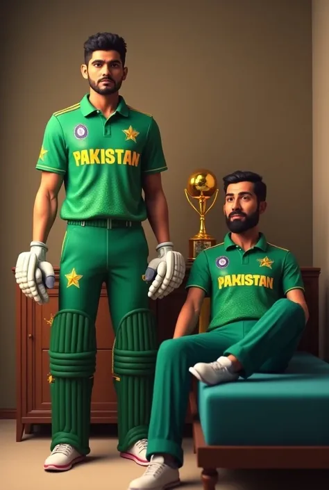 Make a 3D image in which Babar Azam is wearing Pakistans World Cup jersey and Dhoni is lying on the bed wearing an Indian jersey with the World Cup kept next to him