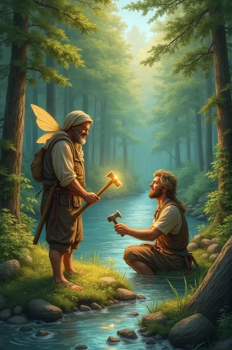 A woodcutter accidentally dropped his axe into a river. A fairy offered him a gold axe, then a silver axe, and finally his own iron axe. The woodcutter only took his own. The fairy rewarded his honesty with all three axes.
Moral: Honesty is the best policy...