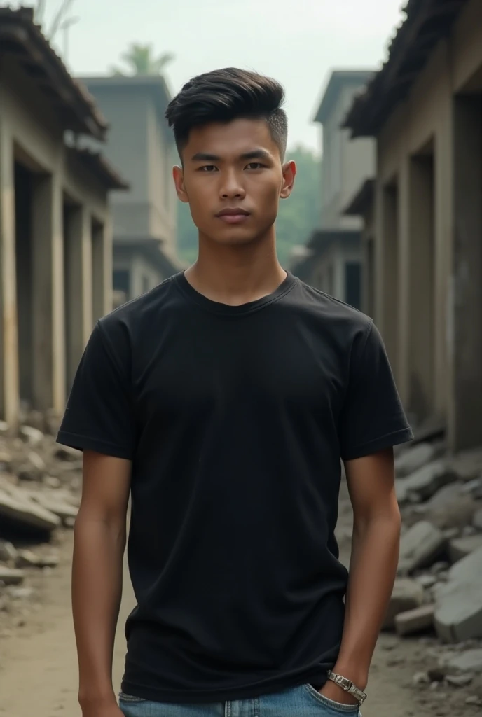 Realistic photo, an adult male with an Indonesian face, handsome, 30 years old, neat short undercut black hair, clean face, round face, wearing a torn black t-shirt, light blue jeans, standing pose facing forward, with a ruined building in the background, ...