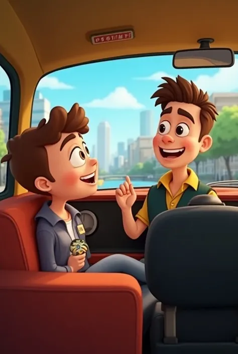 A customer sitting in a taxi smiling and replying to taxi driver in animation
 