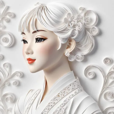 paper quilling art of a close-up white portrait photo of a beautiful young ancient chinese schoolgirl,  perfect face and hair , ...