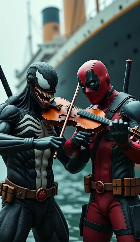 A detailed, muscular Deadpool and a menacing Venom playing a violin together on the iconic sinking Titanic, dramatic lighting, cinematic composition, detailed textures, moody color palette, photorealistic, highly detailed, 8k