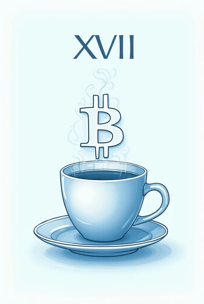 Create a collage design for Day 17, featuring the Roman numeral XVII in a classic, serif font centered at the top. The main image is an abstract illustration of a coffee cup with subtle steam forming the outline of a Bitcoin logo, symbolizing self-care and...