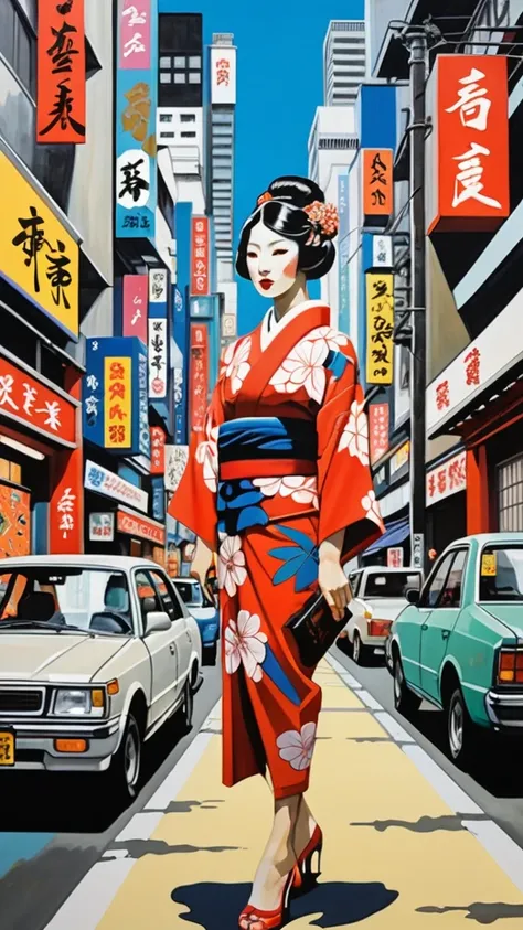 A captivating painting that masterfully blends graffiti, fashion, and ukiyo-e art styles. The centerpiece of the artwork is a non-public character, portrayed in a vibrant and unique outfit. The characters clothing features bold colors and intricate designs...