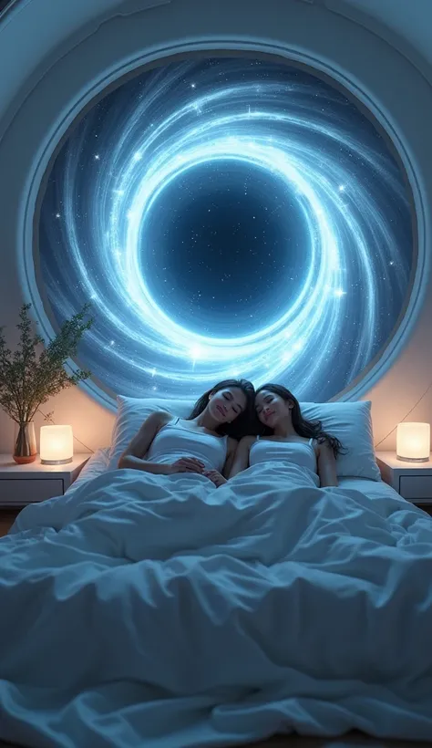 3. "A couple lying together on a plush, futuristic bed inside a spacious spaceship cabin, surrounded by sleek, minimalist furniture and soft, ambient lighting. Above them, a large, holographic projection of a rotating black hole hovers, its swirling event ...