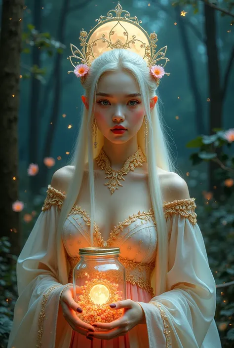 (symmetry: 1.1) (floral portrait: 1.05) a ultra beautiful albino Mongol woman as a FAIRY OF THE FOREST, (assassins creed style: 0.8), pink rosy cheeks, pink rosy skin, pink and gold and opal color scheme, beautiful and intricate filegrid face painting, int...