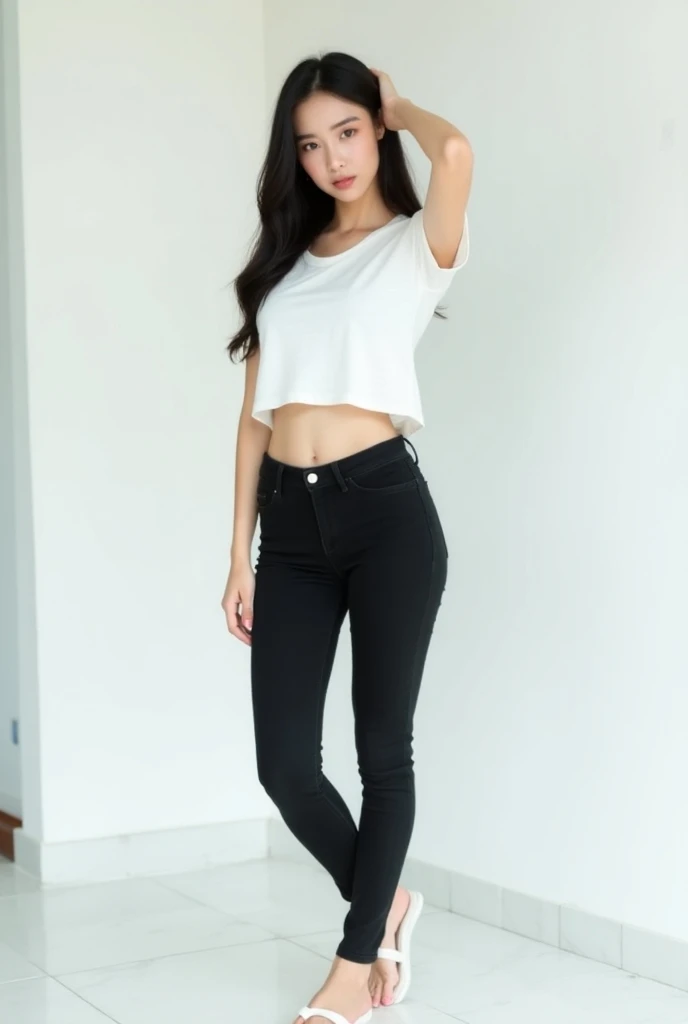 ( best quality,4K,8k, High Res,masterpiece，Ultra HD - High Definition、), extremely detailed, clearly focuses ， super pretty Korean woman，20 years old， beautiful woman with perfect figure ，Pear-Shaped Body，Black long hair， white skin ， smooth skin， delicate...