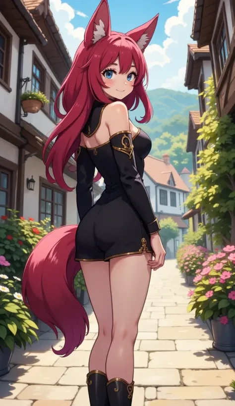  A beautiful,  21-year-old fox girl with  (long, red hair), (sapphire-blue eyes ), (Fuchsohren)  and a  (bushy foxtail).  She is standing in a village setting ,  posing with a confident and slightly lateral posture ,  showing her back ,  while looking over...