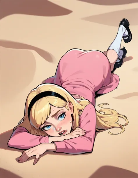 1girl, full body, solo, penny peterson, long hair, blue eyes, freckles, blonde hair, shirt, no skirt, hairband, black hairband, white socks, dress, pink dress, long sleeves, mary janes, black mary janes, straight-on, lying, on stomach, crawling, in sand, s...