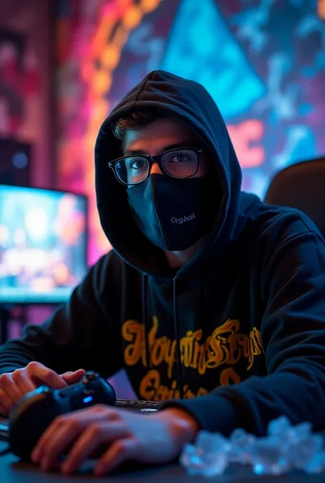 A person in gaming room with eyeglasses in BLACK YELLOW hoodi face mask seeing to the camera Mic and telling story seeing seriously with ice and vibrant colors. At his background are "MYTHIC SAGA" design on the wall with vibrant and beautiful colors