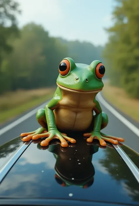 A frog riding on a car background full realistic
