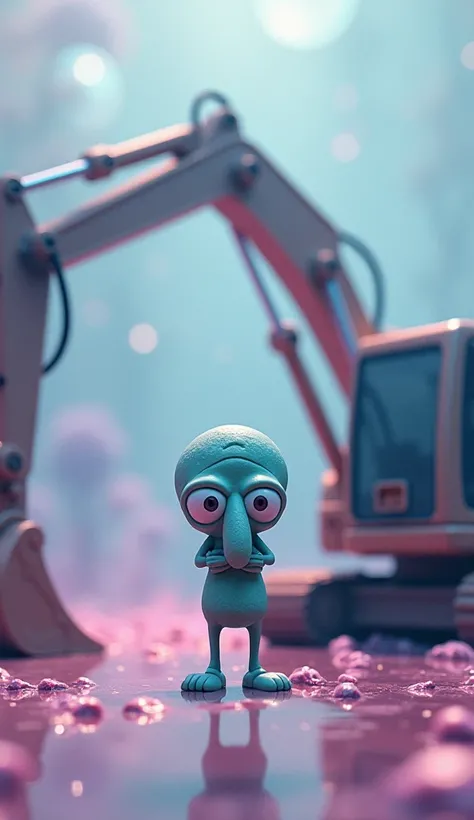 "An aesthetic scene featuring an excavator face-to-face with Squidward Tentacles in a serene, yet whimsical setting. The excavator has a smooth, polished design with a muted color palette, blending well with the tranquil atmosphere. Its arm is gently raise...