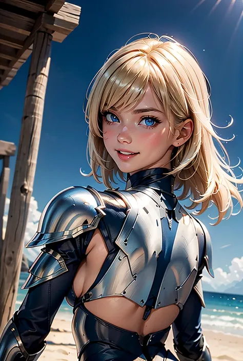  shortcuts,  blue eyes,Blonde,  bangs between eyes,  small breasts,metallic dark blue micro bikini armor, T-back ,  high resolution on down,  Blushing , smile,  open your mouth slightly ,  stick out your tongue,  Minimalist , Rear view