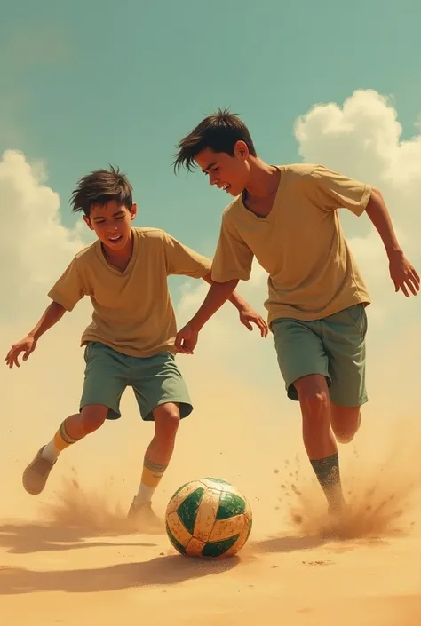 Two young men play an old soccer ball and one falls into the sand and the other cries and Cristiano comes and helps her achieve their dream