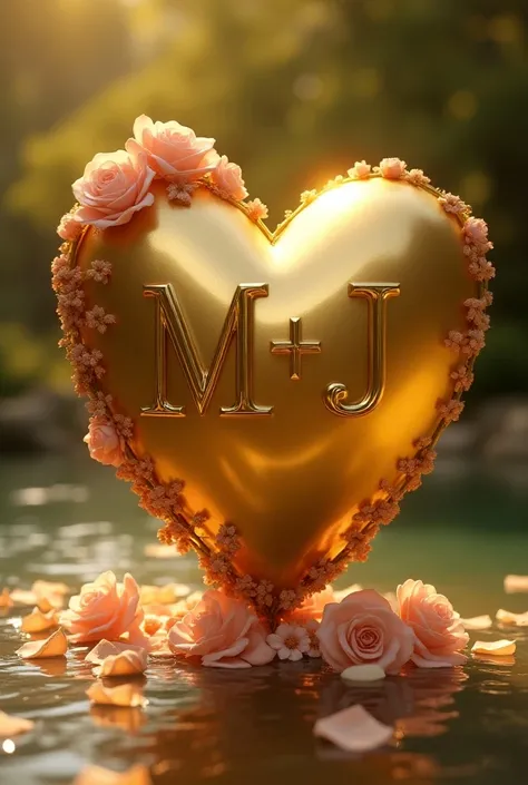  Golden statue of a heart with decorative rose petals along with the inscription "m+J" with capital letters on it with water in the background