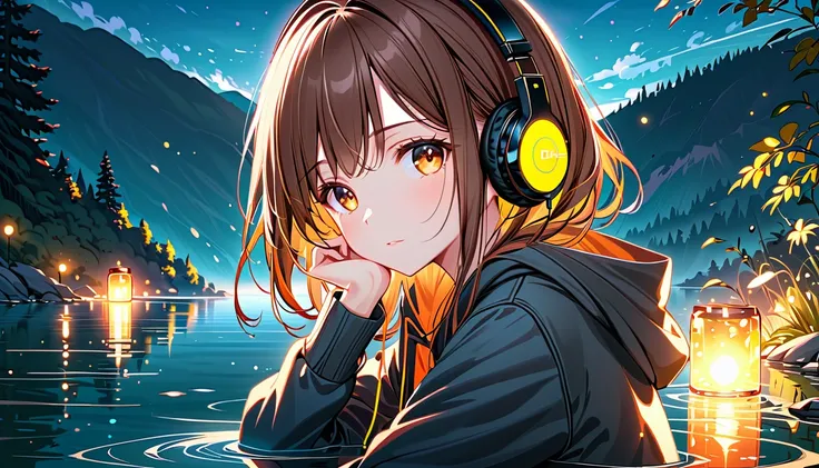 background： Quiet Lake Side 、The clear surface of the water reflects the sky 。 expression：湖を見つめながら考え込むexpression。 Costume：hoodie and jeans。 scene：( brown-haired girl with headphones ), ( quietly pensive by the lake ), (glowing:1.4), ( very detailed, master...