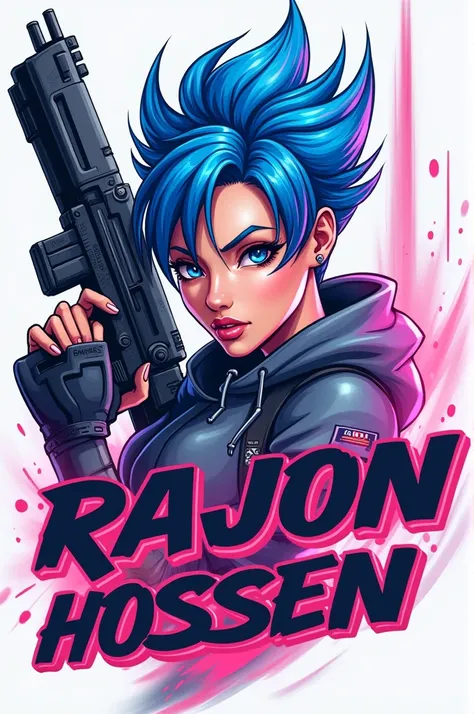 Create a gaming logo with a spiky blue haired girl, glowing pink accents, and "Rh Rajon Hossen" in bold letters. The character is holding a sleek, high-tech gun, adding a gaming style to the design.