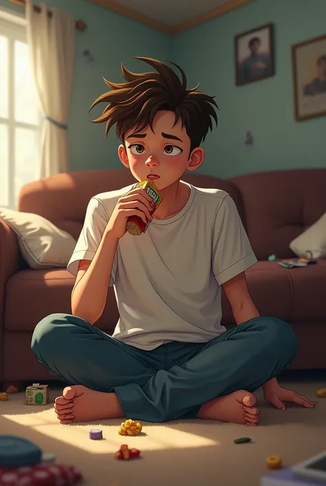 a photo of a young man , clean face,  messy hair ,  sitting on a carpeted floor ,  leaning his back against the sofa behind him.  he was eating a snack ,  his left hand holding the plastic wrap of the snack ,  the young man has a bored look ,  simple livin...