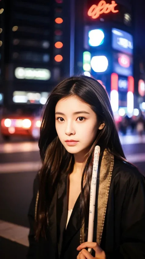 High image quality、 Japanese woman in a modest way、Beauty、 cute、（ long brown hair :1.5）、Small face、night、star、Roppongi、 reality stick、（ black jacket that is not fair:1.5）、Sad look、 Sexy Poses