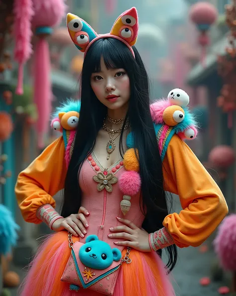 live-action、 real、 A very beautiful Japanese woman in Arafe wears colorful costumes、 they wear clothes with lots of stuffed animals on them 、Black Hair、 straight long hair、Patsun Crazy Clothes ,  is dressed strangely ,  is made of wool , Rave Coat, Women h...