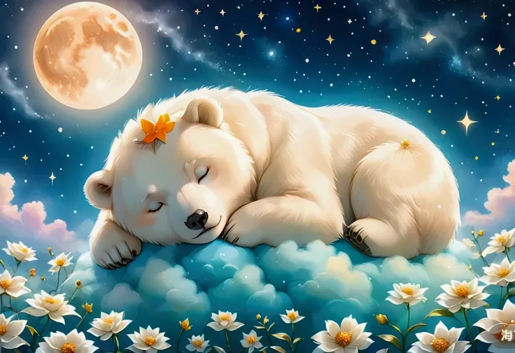 A cute polar bear sleeping on a cloud. The polar bear is surrounded by the Moon and stars. Soft, warm ambient glow.