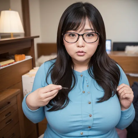  35 year old highly obese asian woman、very big glasses 、Bad breath