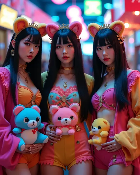 live-action、 real、 Very Beautiful Japanese Women in Arafe Wear Colorful Costumes、 they wear clothes with lots of stuffed animals on them 、Black Hair、 straight long hair、Patsun Crazy Clothes ,  is dressed strangely ,  is made of wool , Rave Coat, Women have...