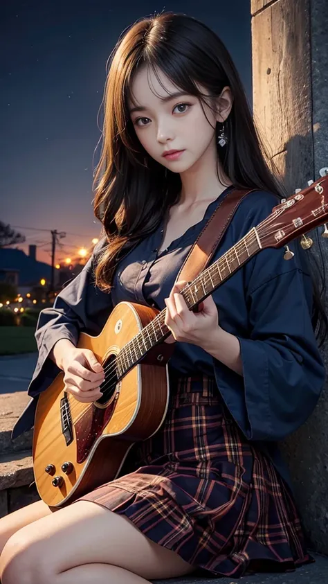 High image quality、Best Quality、Beautiful woman、night、guitar、tree、 beautiful eyes