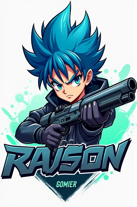 :- Create a gaming logo with a spiky blue haired boy, glowing green accents, and " Rh Rajon Hossen" in bold letters. The character is holding a sleek, high-tech gun, adding a gaming style to the design.