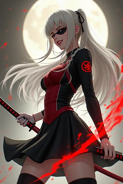 Anime/manga art, woman, long loose thick white hair with straight bangs and a braid, black eyepatch with red symbol, black and red dress top, black skirt, white leggings, black shin-high boots, holding red bladed katana sword infused with yellow lightning ...