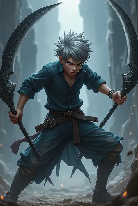 18-year-old boy with a scythe in each hand, with gray hair, in anime-style fighting pose .
