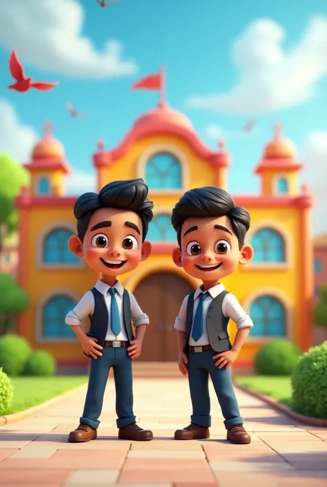 Create 3d cartoon style boy character. 
. Ajay and Rohit posing together in front of a school building, dressed in formal attire after Ajays graduation