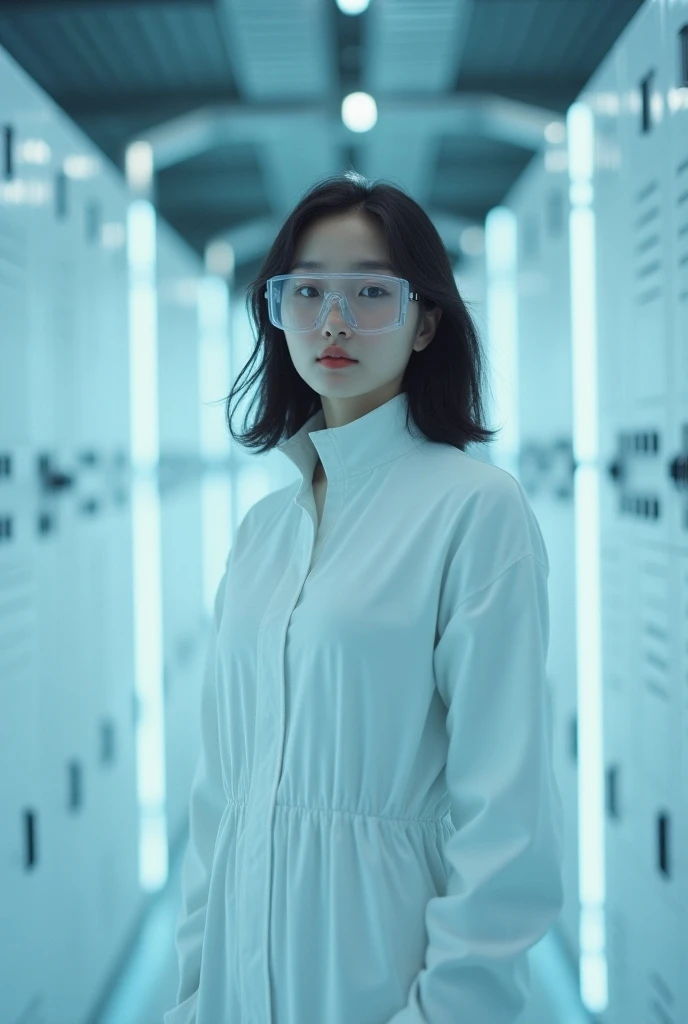 Sci-fi movie posters，A young beautiful Korean woman stands in front of a row of energy storage lockers， wear white dust-free clothing，Wear dustproof glasses ，8k quality