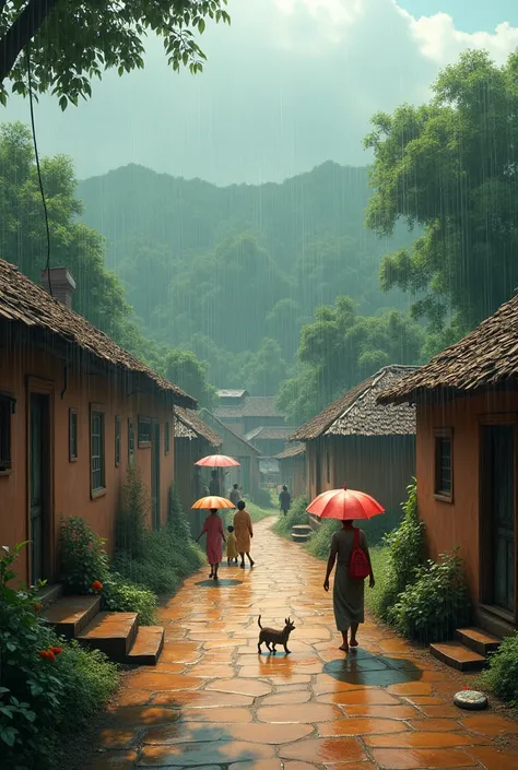 A scenery of a rainy day raining in village of India 