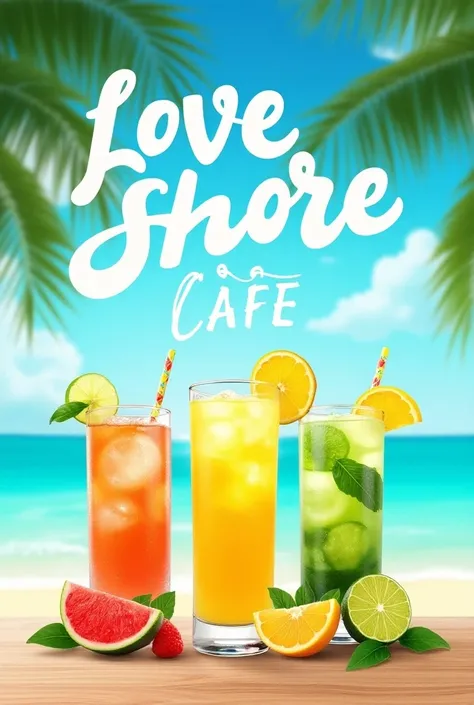 Create a poster fore cafe name : love shore cafe as main heading featuring special combo mojito offer three mojito image including 