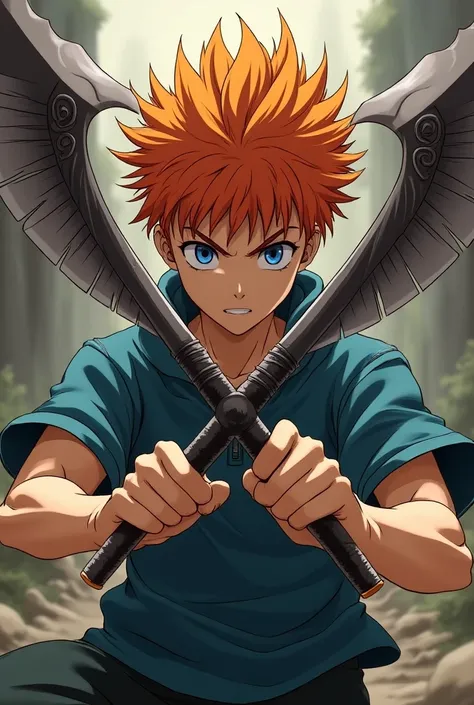 18-year-old boy with a scythe in each hand, with orange hair, with a serious expression, in anime-style fighting pose .
