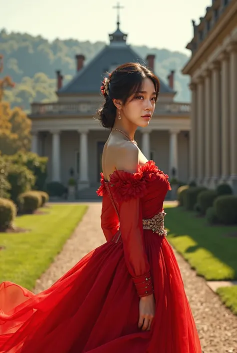 Create an image of a Korean woman and wears a red outfit set in a Pride and Prejudice setting