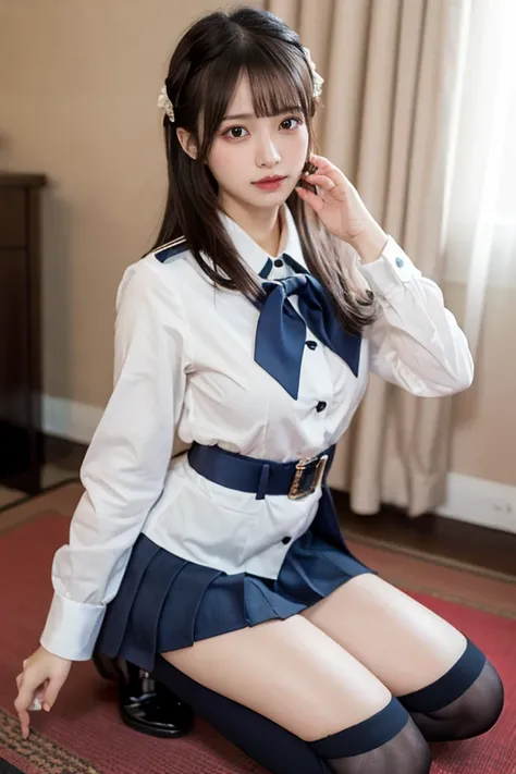  Japanese woman like an idol ,Long Hair , straight hair, Round face , bust up with kneeling , (Realistic eye depiction:1.3), (( 1 girl, 1. High school girl)),  The background is a luxury hotel room、 uniform、blazers 、スーパーショートチェックuniformスカート、  navy blue knee...